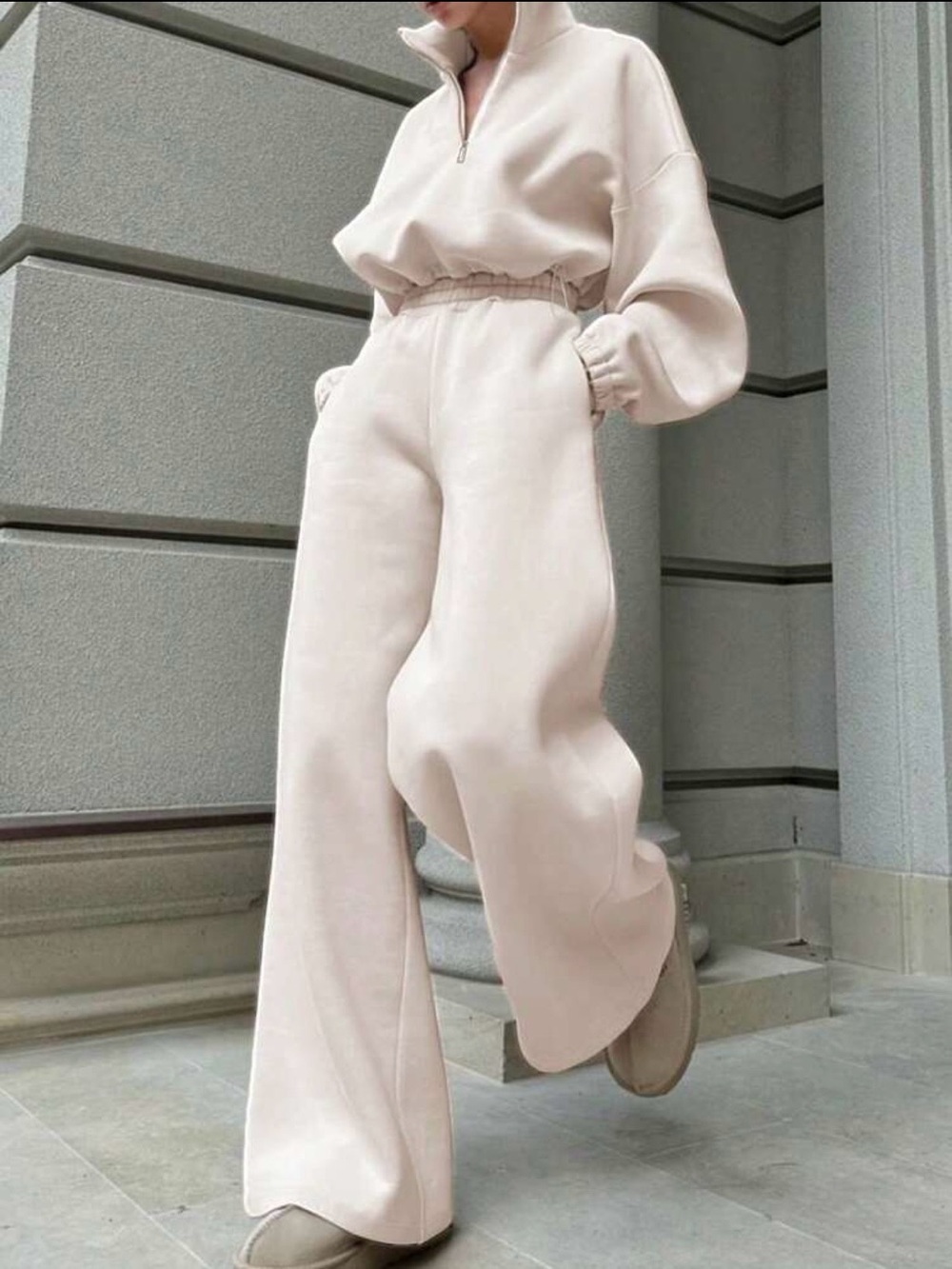 Quarter Zip High Neck Crop & High-Waist Wide Leg Sweatpants Set - Light Pink